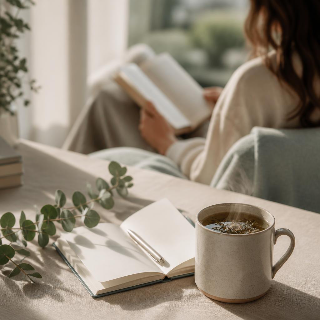 Mockup premium del ebook Mente Tranquila sobre una mesa con café y libreta